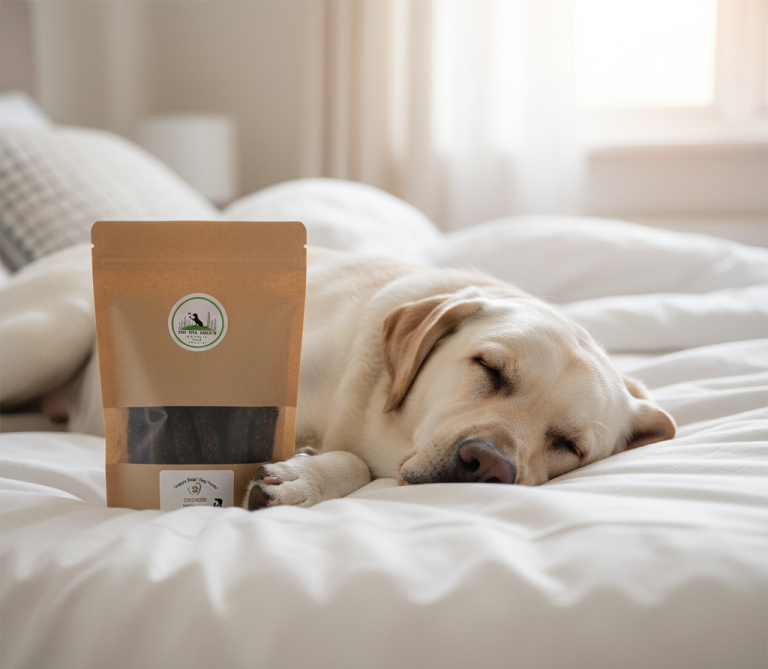 dog on the bed Dog asleep on the bed with his dog treats