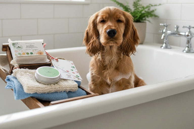 dog in the bath Spaniel in the bath with dog soaps